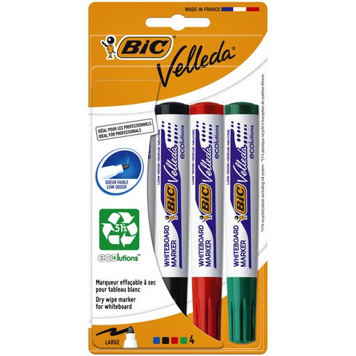 [1388092] Feutre tableau blanc BIC Velleda 1704 ogive Large assorti blister 4 pièces