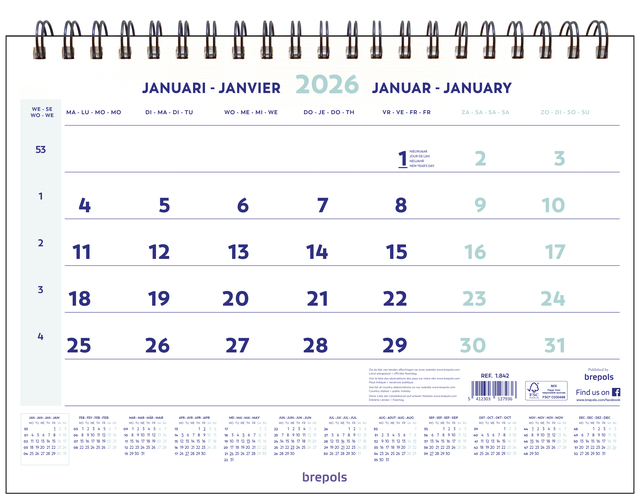 Calendrier mensuel 2026 Brepols 43x31,5cm