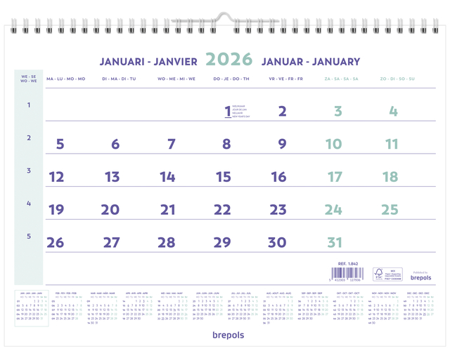 Calendrier mensuel 2026 Brepols 43x31,5cm