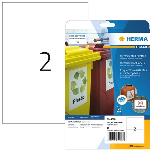 [1388791] Etiquette HERMA 4600 210x148mm A4 synthétique 20 pièces blanc