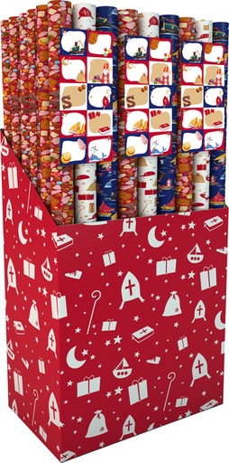 [1388499] Papier cadeau Saint-Nicolas 200x70cm lot 3 rouleaux + feuille stickers assorti