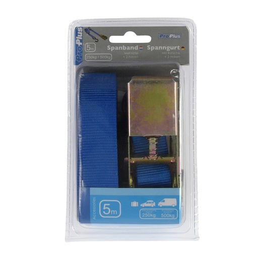 [1391748] Spanband ProPlus ratel 5 meter met 2 haken blauw