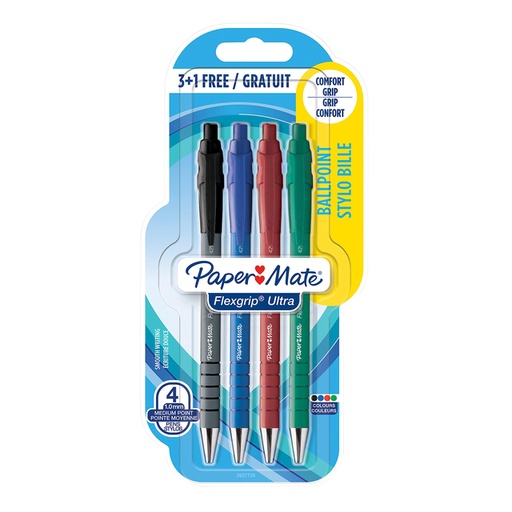 [1396773] Stylo bille Paper Mate Flexgrip Ultra Medium assorti blister 3+1 gratuit