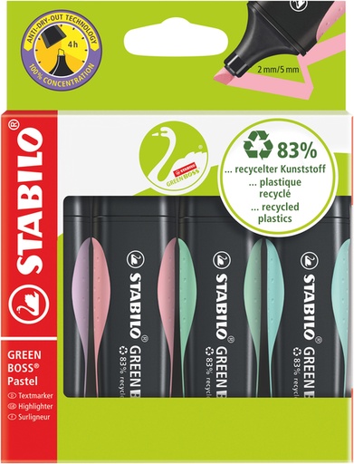 [1391678] Markeerstift STABILO GREEN BOSS 6070/4 pastel assorti etui à 4 stuks