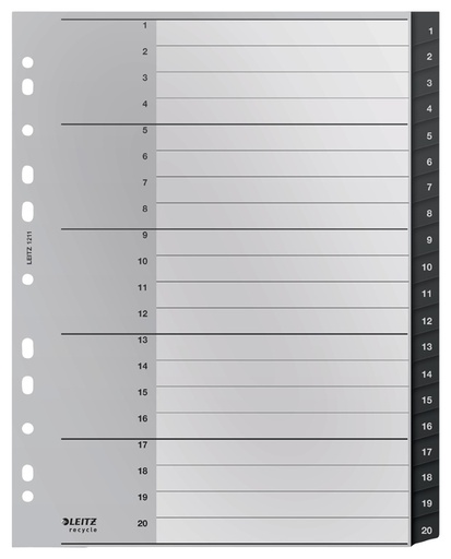 [1398105] Intercalaires Leitz Recycle A4 11 trous 1-20 Extra Large PP