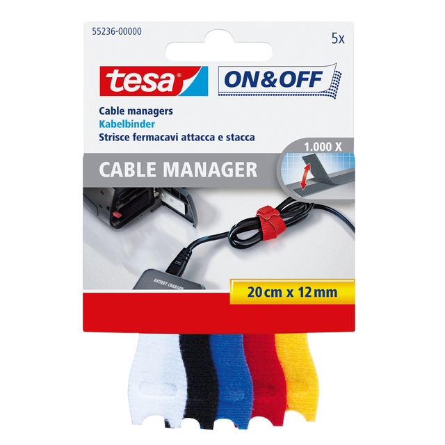 Manager cables tesa® On & Off 12mmx20cm assorti 5 pièces