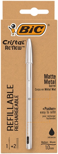 [1400268] Stylo bille BIC Cristal Re'New Medium noir blister 1 stylo + 2 recharges