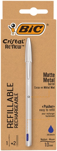 [1400269] Stylo bille BIC Cristal Re'New bleu blister 1 stylo + 2 recharges