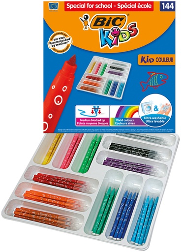 [1399090] Kleurstiften BicKids couleur medium assorti schoolbox à 144 stuks