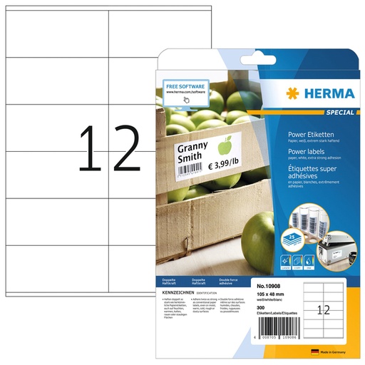 [1399820] Etiquette HERMA Power 10908 105x48mm 300 pièces blanche