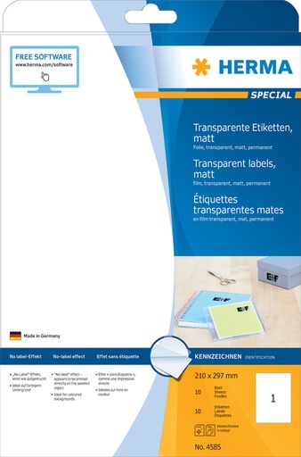 [1399821] Etiket HERMA 4585 210x297mm weerbestendig transparant mat 10 stuks