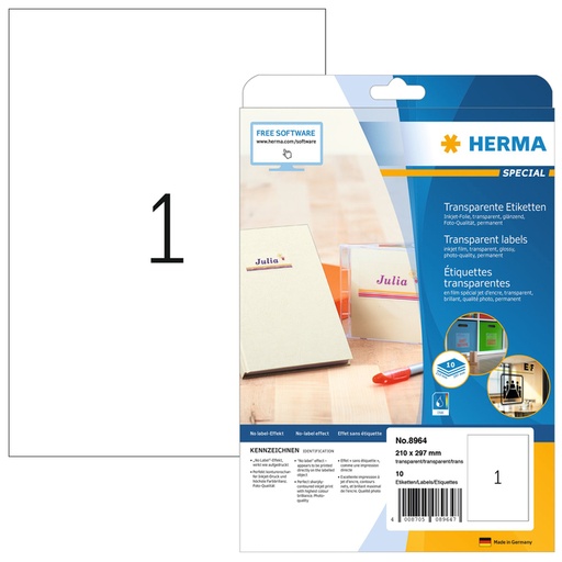 [1399823] Etiket HERMA 8964 210x297mm transparant glanzend 10 stuks