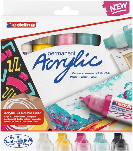 [1399155] Marqueur acrylique 3D edding e-5400 double pointe Medium set 5 couleurs basiques