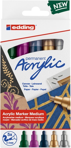 [1399158] Marqueur acrylique edding e-5100 Medium Metallic assorti set 5 pièces