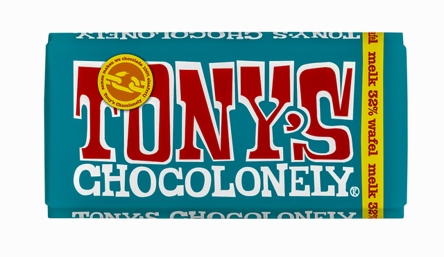 Chocolade Tony''s Chocolonely melk pennywafel reep 180gr