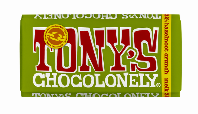 Chocolade Tony''s Chocolonely melk hazelnoot crunch reep 180gr