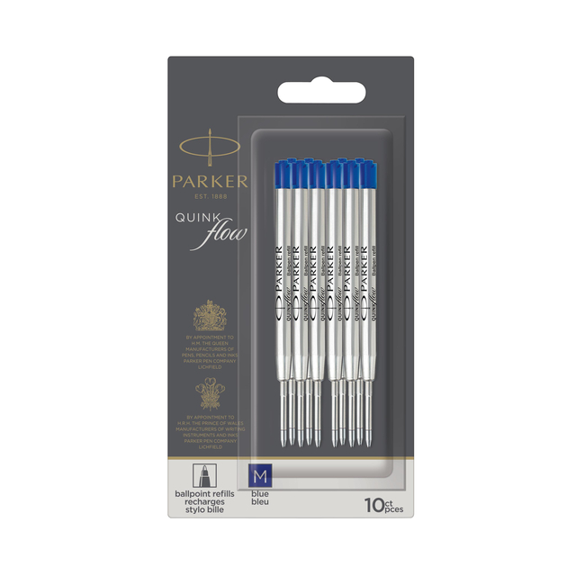 Recharge stylo bille Parker Quinkflow Medium bleu blister 10 pièces