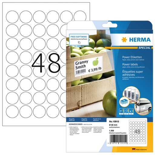 [1403558] Etiquette HERMA Power 10915 ronde 30mm blanc 1200 pièces