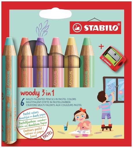 [1404415] Kleurpotloden STABILO 880 woody inclusief puntenslijper pastel assorti etui à 6 stuks