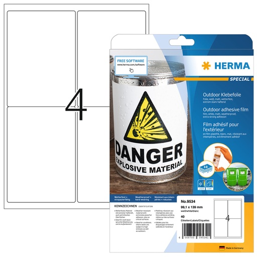[1406735] Etiquette HERMA 9534 99,1x139mm résistante aux intempéries blanc 40pcs