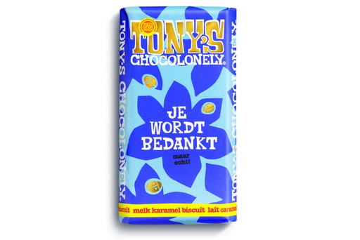 [1418881] Chocolade Tony's Chocolonely je wordt bedankt reep melk karamel biscuit 180gr