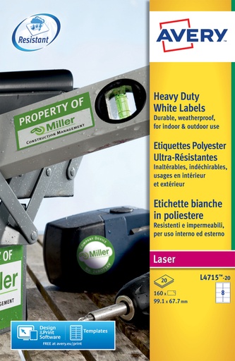 [1419973] Etiquette Avery L4715-20 99,1x67,7mm résistante intempéries blanc 160 pièces