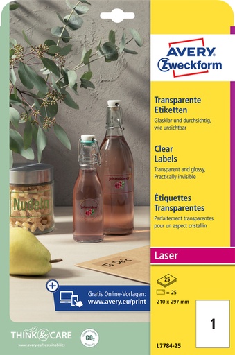 [1419976] Etiquette Avery L7784-25 210x297mm transparent 25 pièces