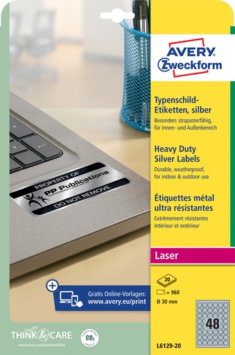 [1419989] Etiquette Avery L6129-20 ronde 30mm argenté 960 pièces