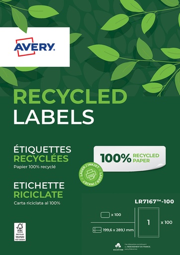 [1419998] Etiquette Avery LR7167-100 199,6x289,1mm recyclé blanc 100 pièces
