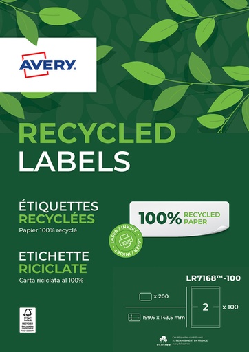 [1420003] Etiquette Avery LR7168-100 199,6x143,5mm recyclé blanc 200 pièces