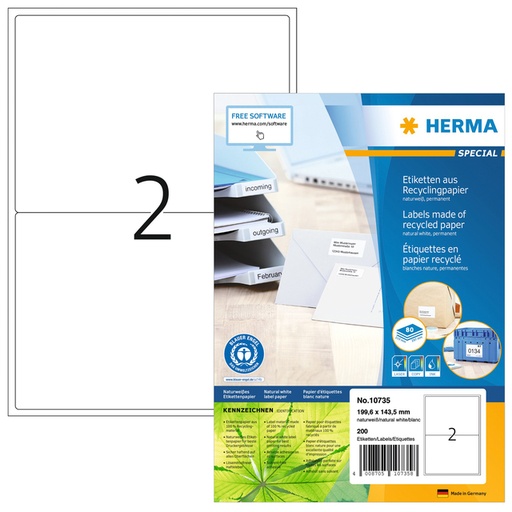 [1421066] Etiquette HERMA Recycling 10735 199,6x143,5mm blanc 160 pièces