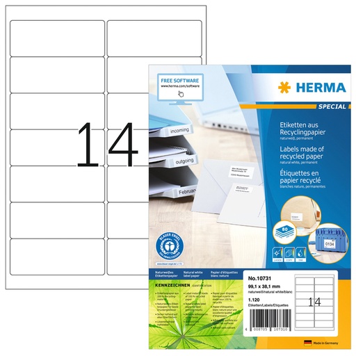 [1421070] Etiquette HERMA Recycling 10731 99,1x38,1mm blanc 1120 pièces