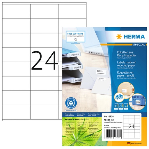 [1421073] Etiquette HERMA Recycling 10728 70x36mm blanc 1920 pièces