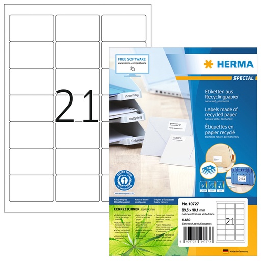 [1421074] Etiquette HERMA Recycling 10727 63,5x38,1mm blanc 1680 pièces