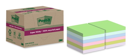 [1406929] Bloc-mémos Post-it 654 RSS12COL 76x76mm Recyclé couleurs pastel 12 pièces
