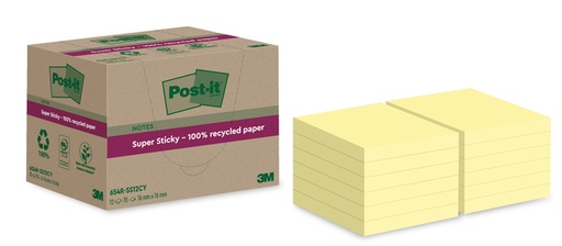 [1406931] Memoblok Post-it Super Sticky 654 RSS12CY recycled 76x76mm canary yellow 12 stuks