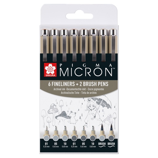 [1420280] Fineliner Sakura Pigma Micron set 6 largeurs avec 2 feutres pinceau gris froid