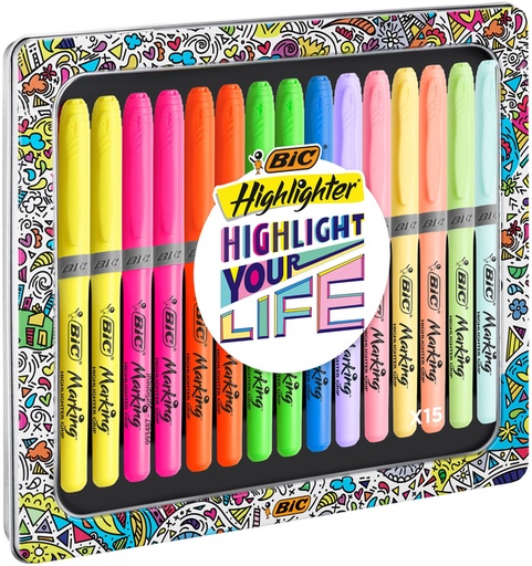 [1419390] Markeerstift Bic grip Highlight your life assorti blik à 15 stuks