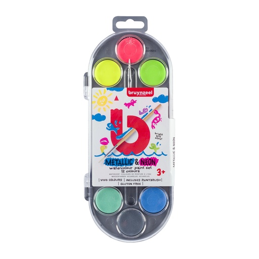 [1407007] Waterverfset Bruynzeel Kids penseel assorti metallic en neon 12 napjes