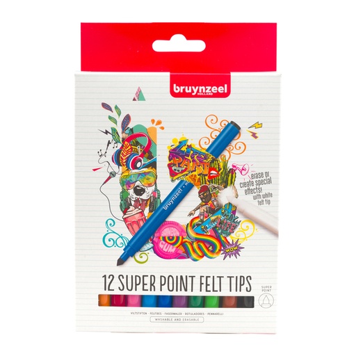 [1407638] Viltstift Bruynzeel Super Point met witte wisstift assorti 12 stuks