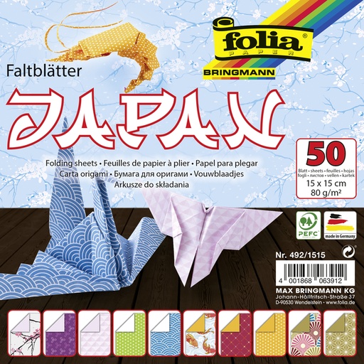 [1407601] Vouwblaadjes Folia 80gr 15x15cm 50 vel 2-zijdig Japan 10 designs assorti kleuren