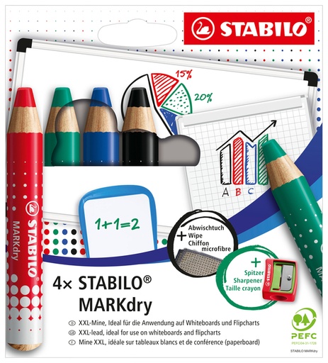 [1423212] Crayon tableau blanc STABILO MARKdry 648/4 + taille-crayon et microfibre assorti étui 4 pièces