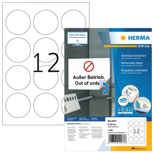 [1423685] Etiquette amovible HERMA 4477 ronde 60mm blanc 1200 pièces