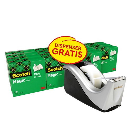 [1422486] Ruban adhésif Scotch Magic 819 19mmx33m mat + dévidoir argent 16 rouleaux