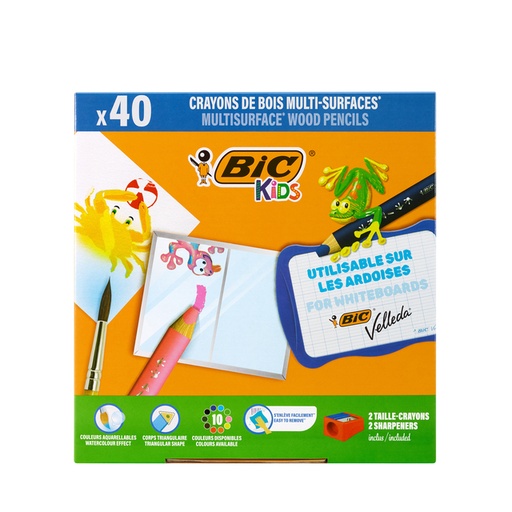 [1429680] Crayon de couleur BIC Kids Multi-surface Class inclus 2 taille-crayons assorti  10 couleurs pack 40pcs