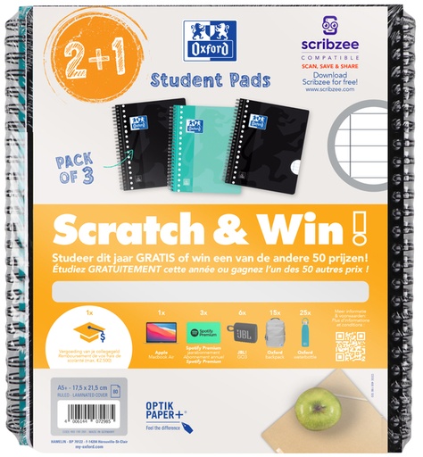 [1430433] Collegeblok Oxford School A5+ lijn 17-gaats 160 pagina's 80gr scratch&win assorti 3 stuks