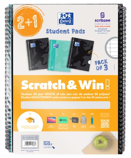 [1430434] Collegeblok Oxford School A4+ lijn 23-gaats 160 pagina's 80gr scratch&win assorti voordeelpak