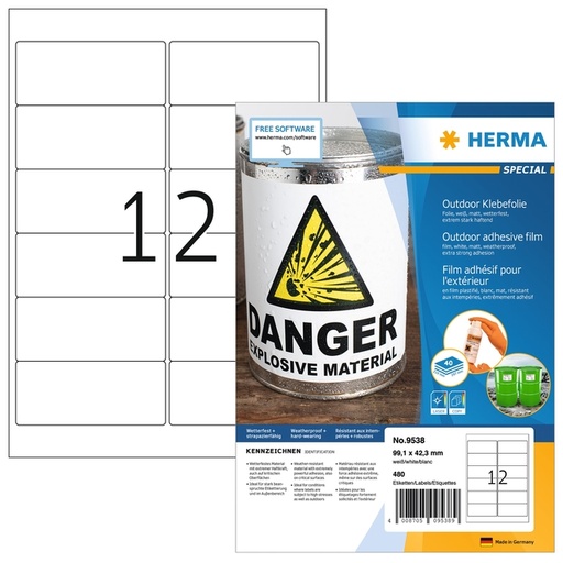 [1431154] Etiket HERMA 9538 99.1x42.3mm weerbestendig wit 480 stuks