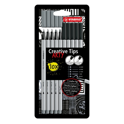 [1434134] Feutre Creative Tips STABILO Arty pointes assorties noir et gris blister 10 pièces