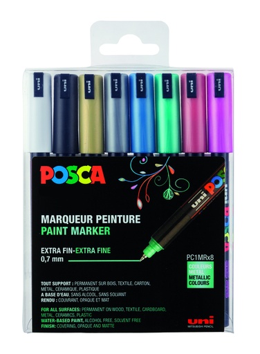 [1433894] Paintmarker Uni POSCA PC1MR extra fijn metallic assorti set à 8 stuks